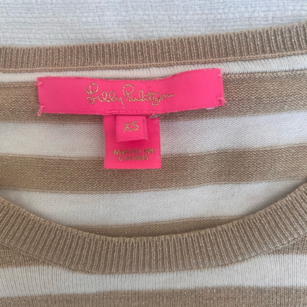 Lilly Pulitzer Tan & gold & White Striped Knit Sweater XS
